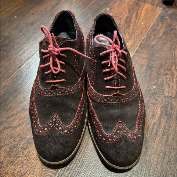 Cole Haan Dark Brown Suede Wingtip Shoe Pink Stitching Size 7.5 - Picture 6 of 9
